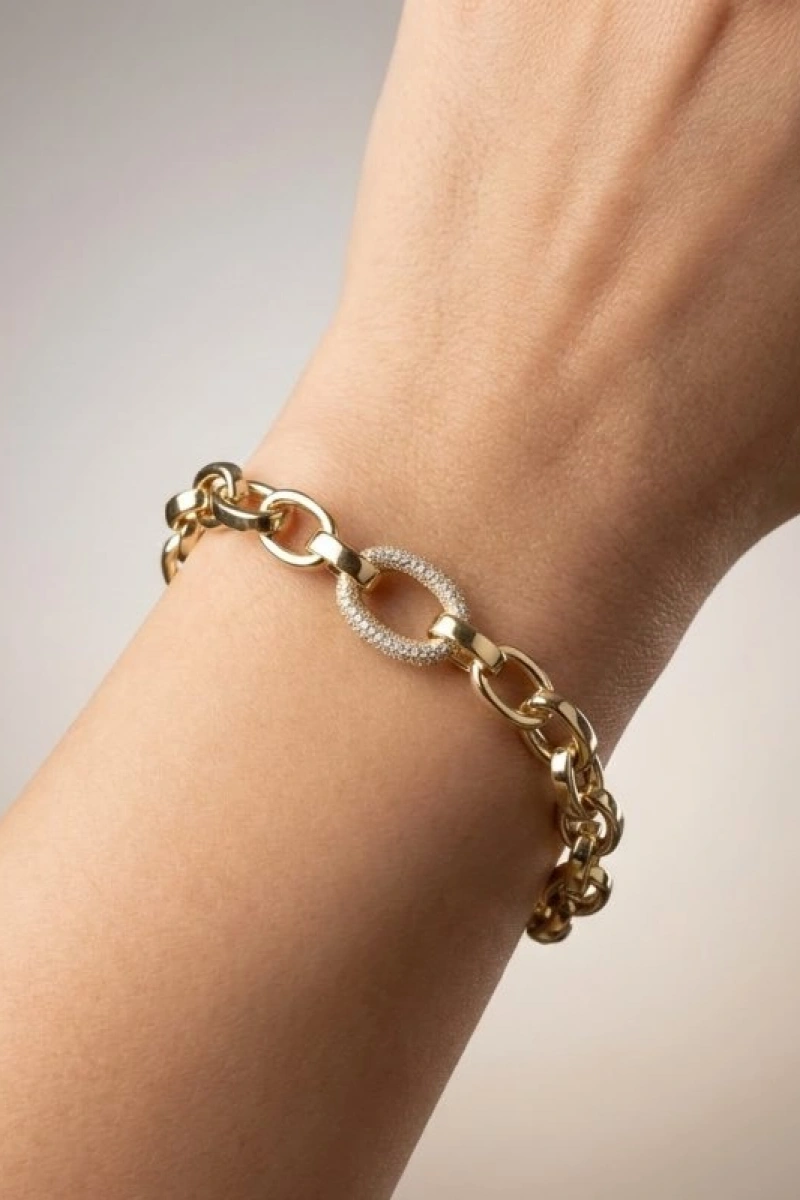 Oval Halka Model Taş Detay Gold Altın Kaplama Bileklik