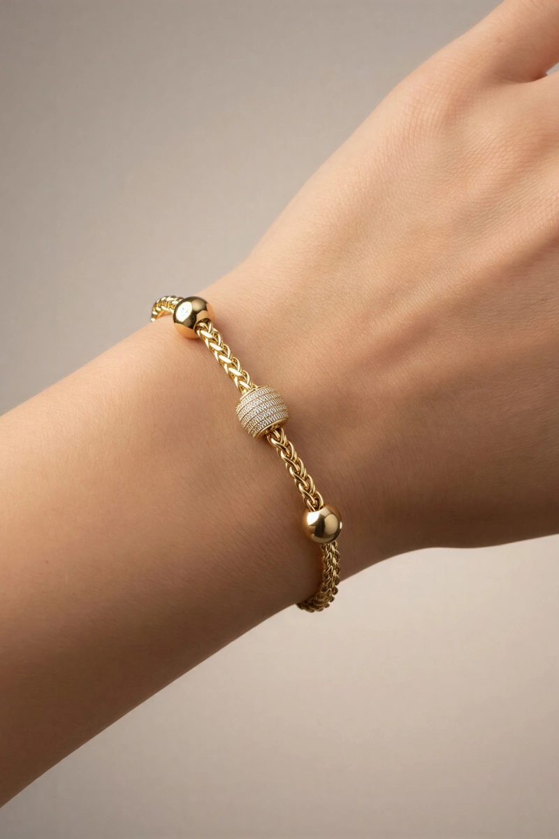 Örgü Zincir Taş Detay Gold Altın Kaplama Bileklik