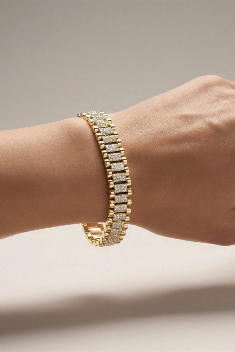 Sıralı Taş Detay Ray Model Gold Altın Kaplama Bileklik