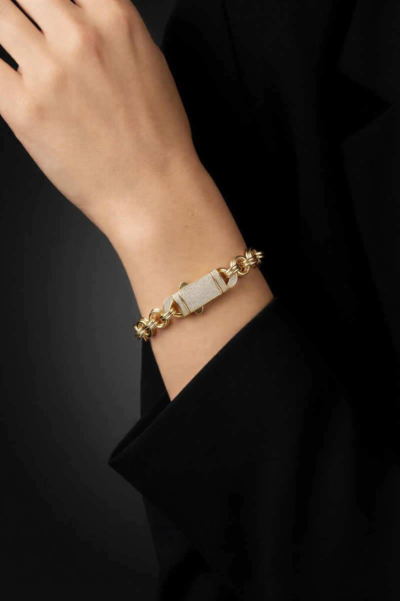 Çift Halka Model Taş Detay Gold Altın Kaplama Bileklik