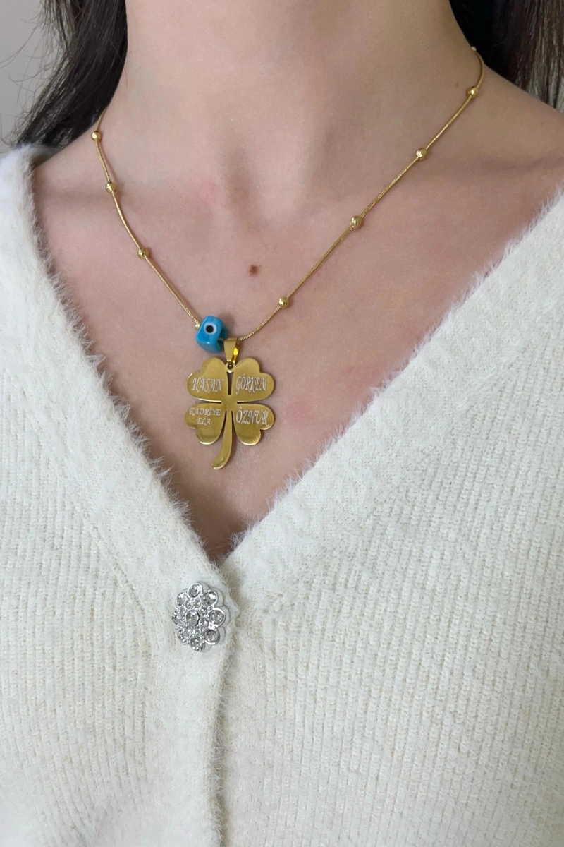 - İSİMLİ - Kısa Zincir Boncuklu Dorika Yonca Detay Gold Altın Kaplama Kolye