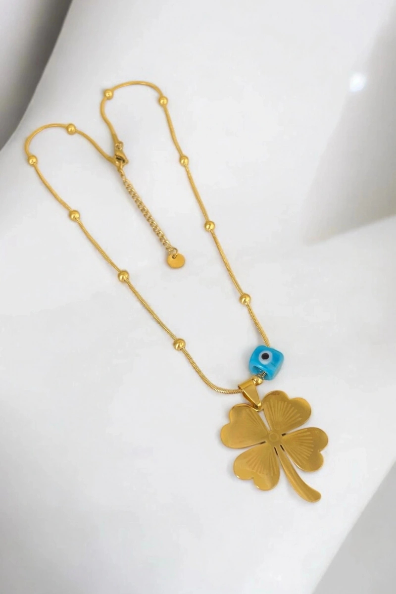 - İSİMLİ - Kısa Zincir Boncuklu Dorika Yonca Detay Gold Altın Kaplama Kolye