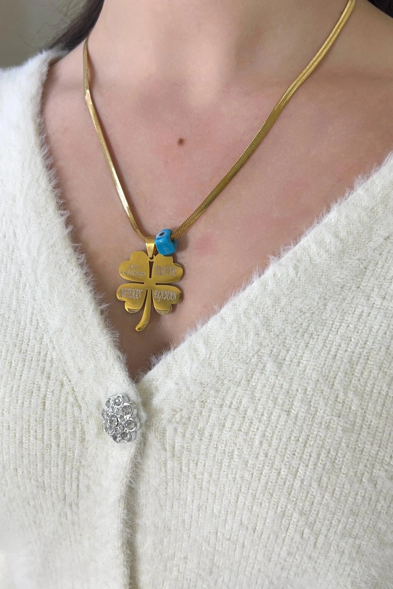 - İSİMLİ - Kısa Zincir Boncuklu İtalyan Yonca Detay Gold Altın Kaplama Kolye