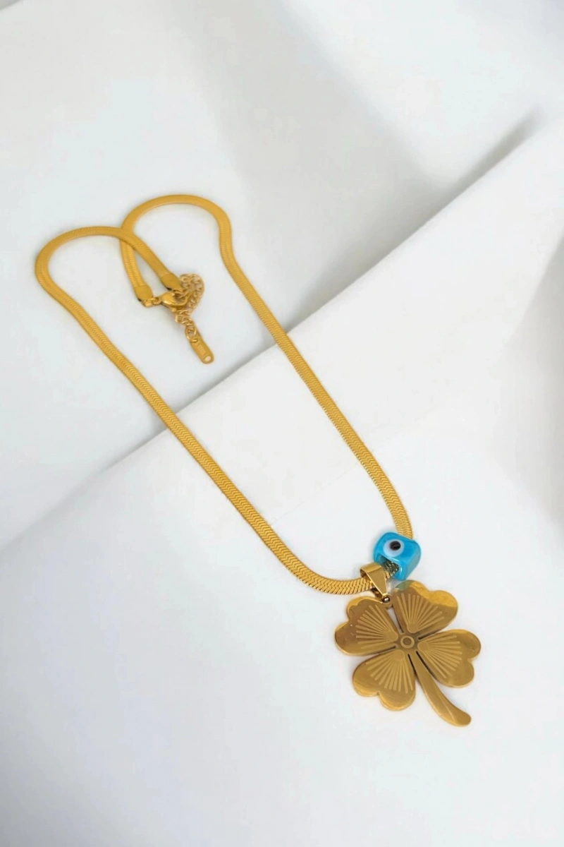 - İSİMLİ - Kısa Zincir Boncuklu İtalyan Yonca Detay Gold Altın Kaplama Kolye