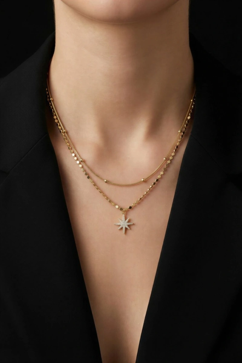 Çift Sıra Taşlı Yıldız Detay Gold Altın Kaplama Kolye