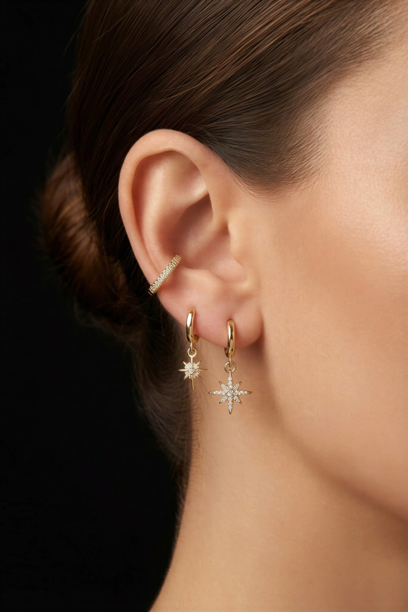 Taşlı Kuzey Yıldızı Model Gold Altın Kaplama Üçlü Küpe