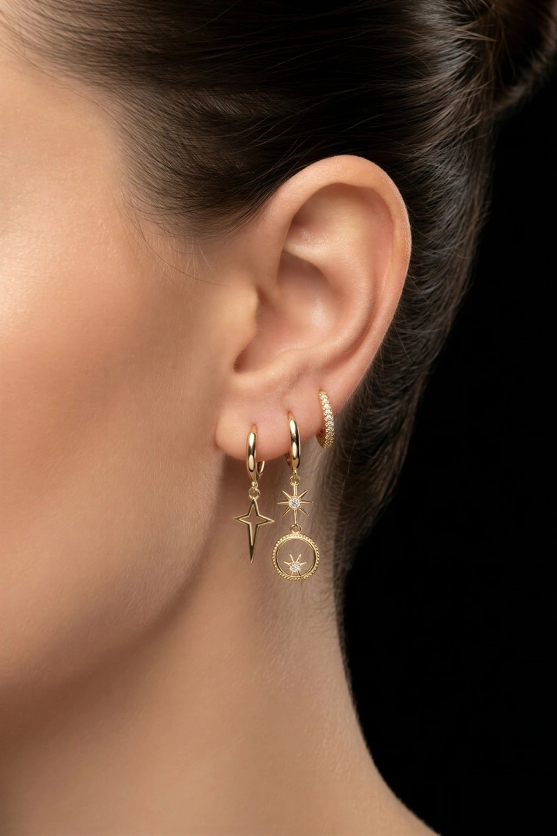 Kuzey Yıldızı Halka Model Gold Altın Kaplama Üçlü Küpe