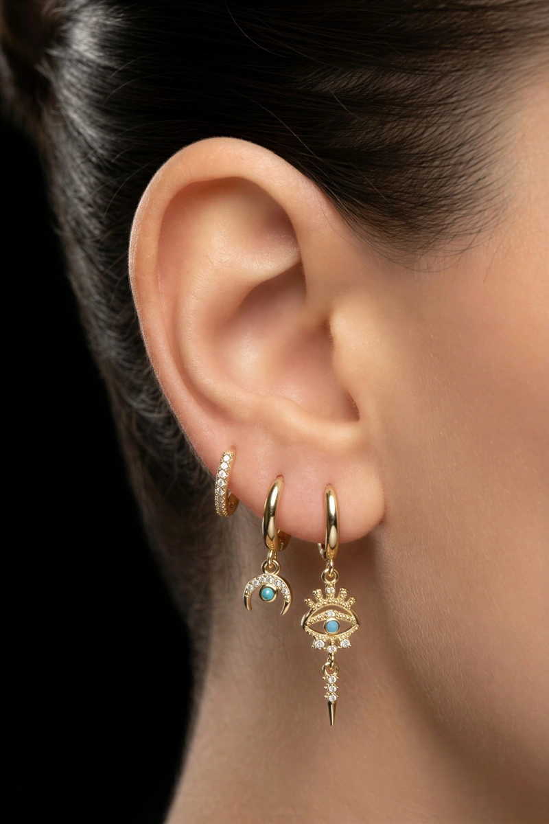 Mavi Göz Model Gold Altın Kaplama Üçlü Küpe