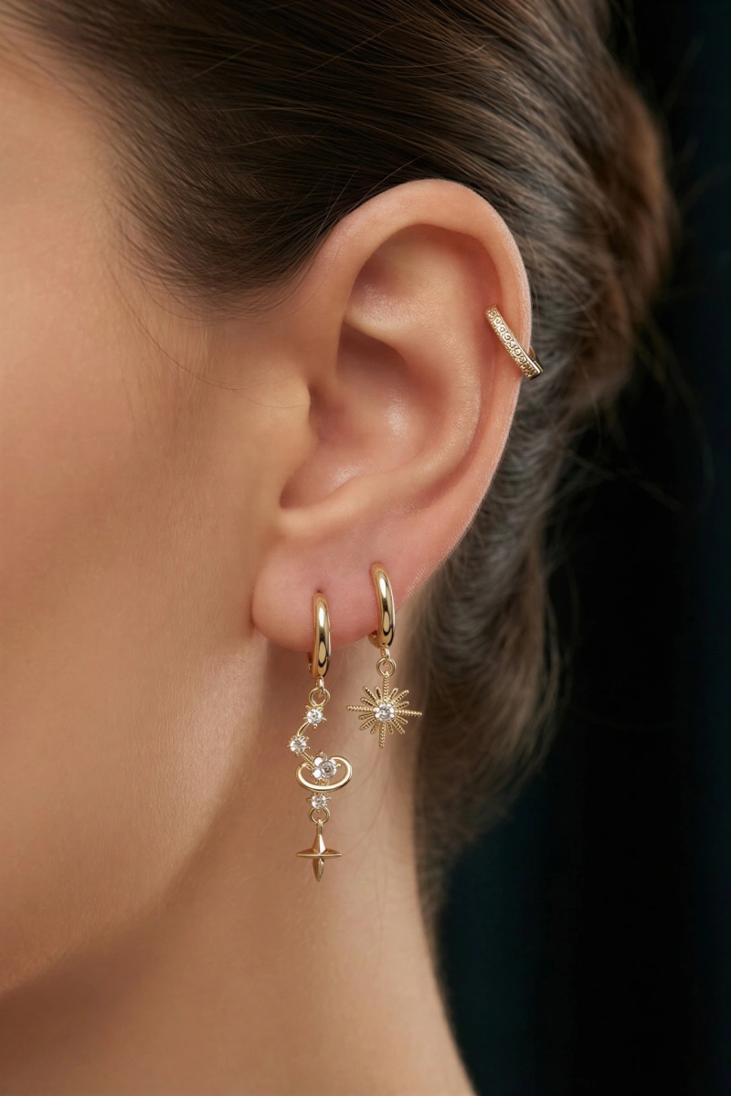 Venüs Model Gold Altın Kaplama Üçlü Küpe