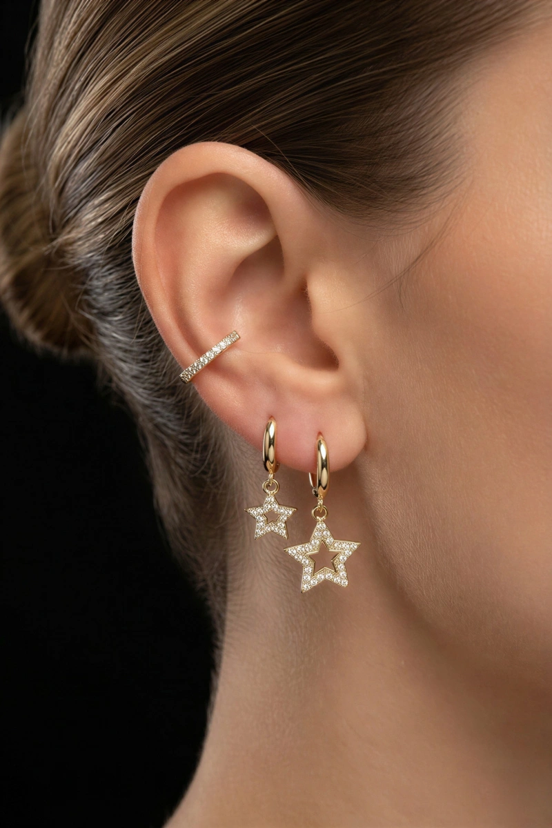 Çift Yıldız Model Gold Altın Kaplama Üçlü Küpe