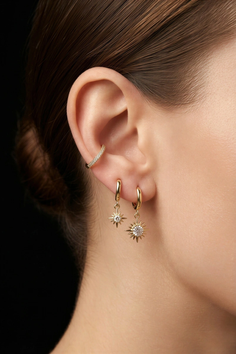 Tombul Yıldız Model Gold Altın Kaplama Üçlü Küpe