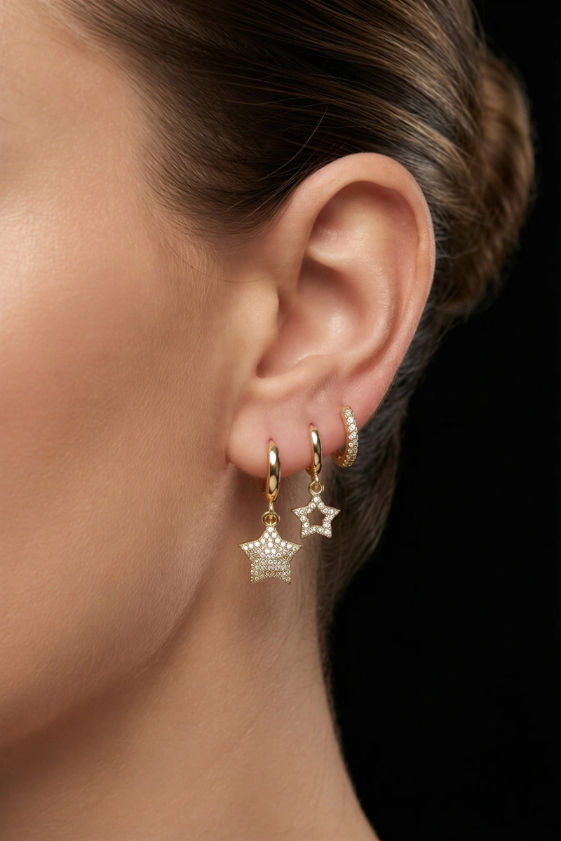 Tombul Yıldız Model Gold Altın Kaplama Üçlü Küpe