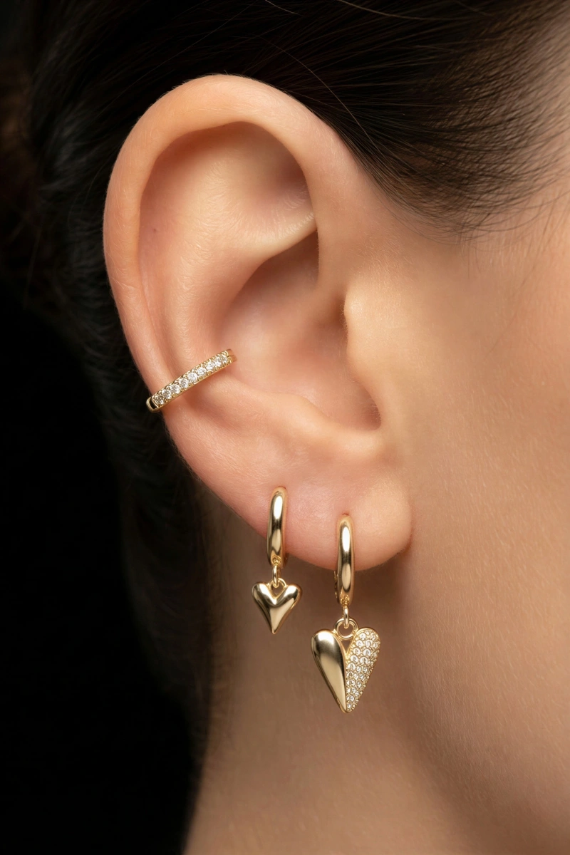 Yarı Taşlı Kalp Model Gold Altın Kaplama Üçlü Küpe