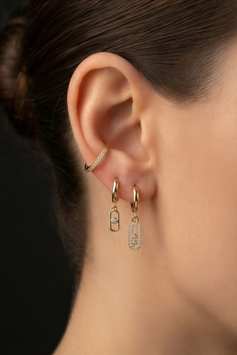 Silindir Model Gold Altın Kaplama Üçlü Küpe