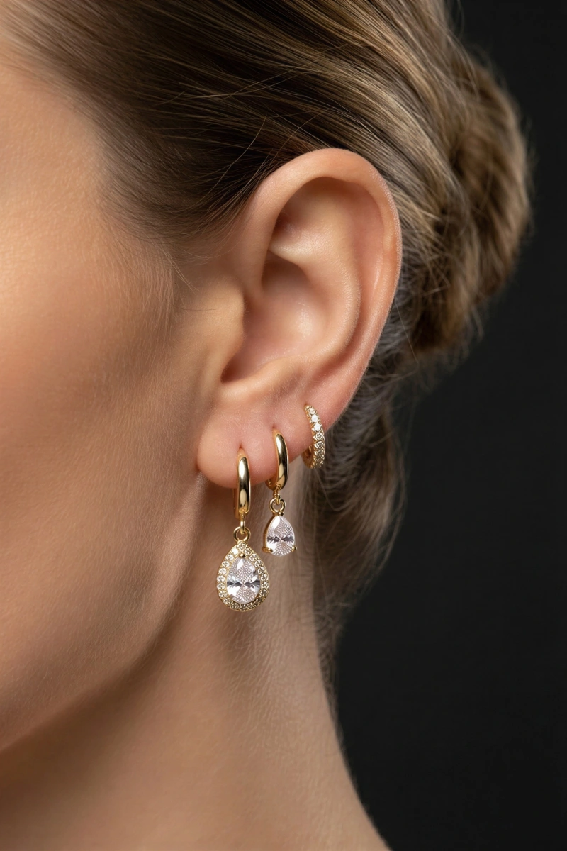 Damla Model Gold Altın Kaplama Üçlü Küpe