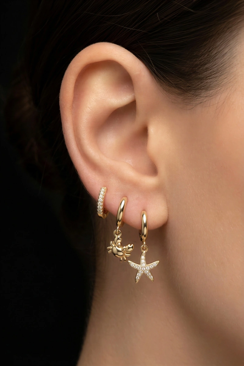 Yengeç Model Gold Altın Kaplama Üçlü Küpe