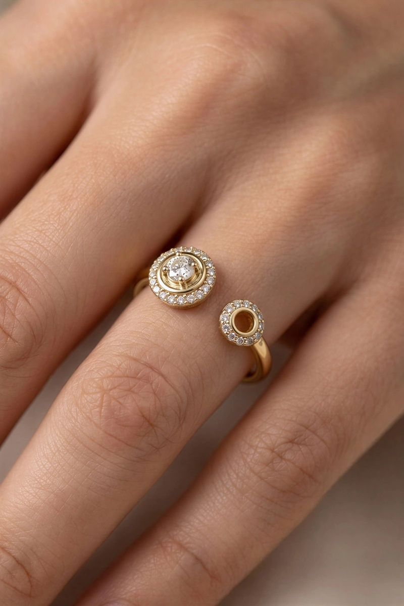 Çift Halka Model Taş Detay Gold Altın Kaplama Yüzük