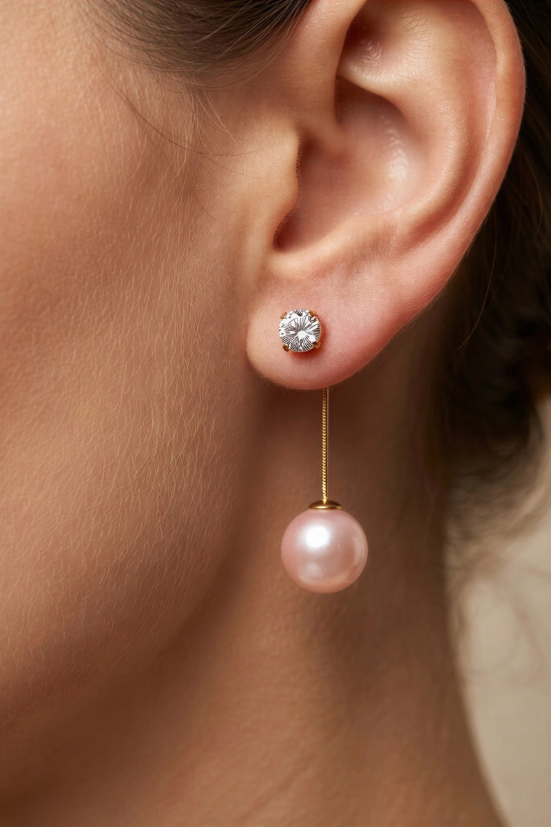 Sallantılı Sedef Pembe Pırlanta Detay Gold Altın Kaplama Küpe