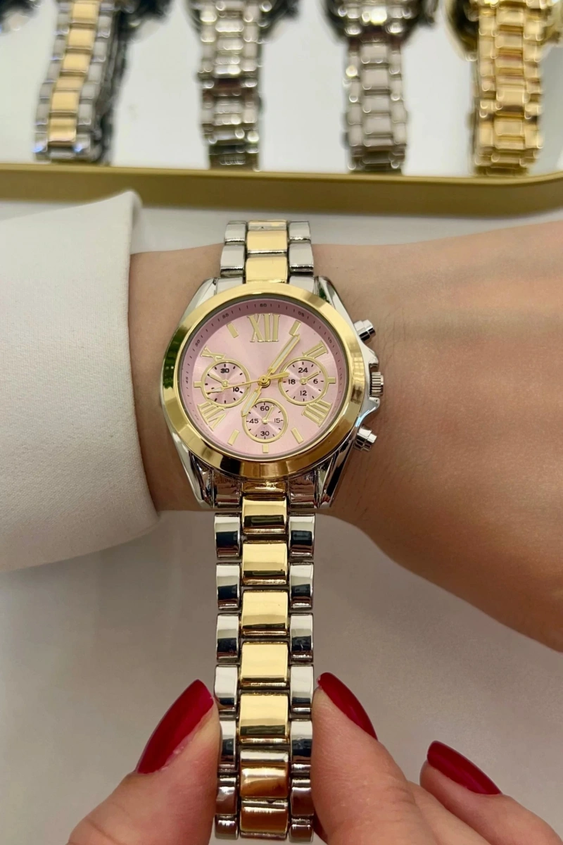 Kapalı Kordon Roma Rakam Pembe Kadran Detay Rose Beyaz Gold Kadın Kol Saati