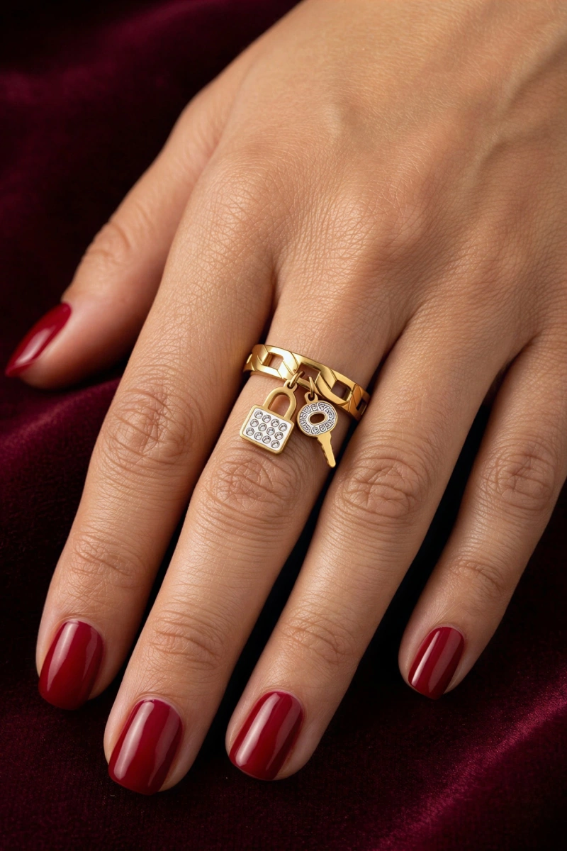 T Model Anahtar Kalp Gold Altın Kaplama Yüzük