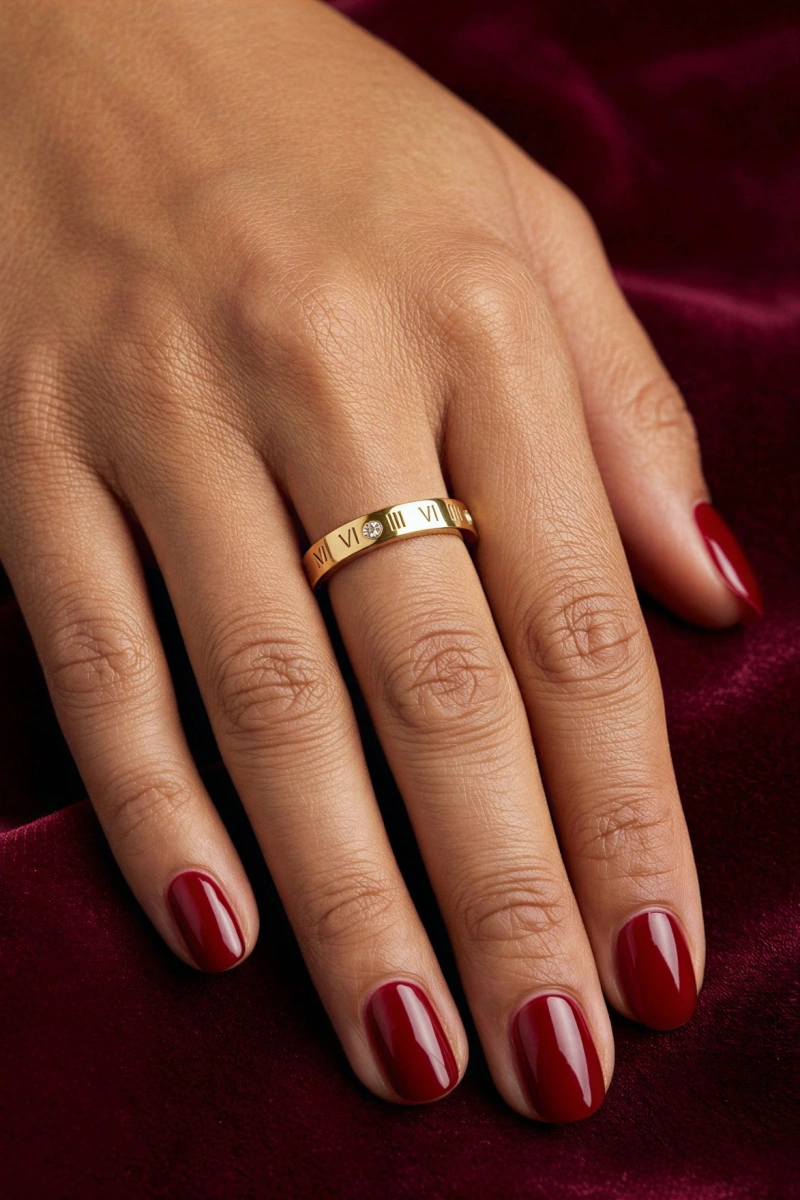 T Model Roma Rakamlı Taş Detay Gold Altın Kaplama Çelik Yüzük