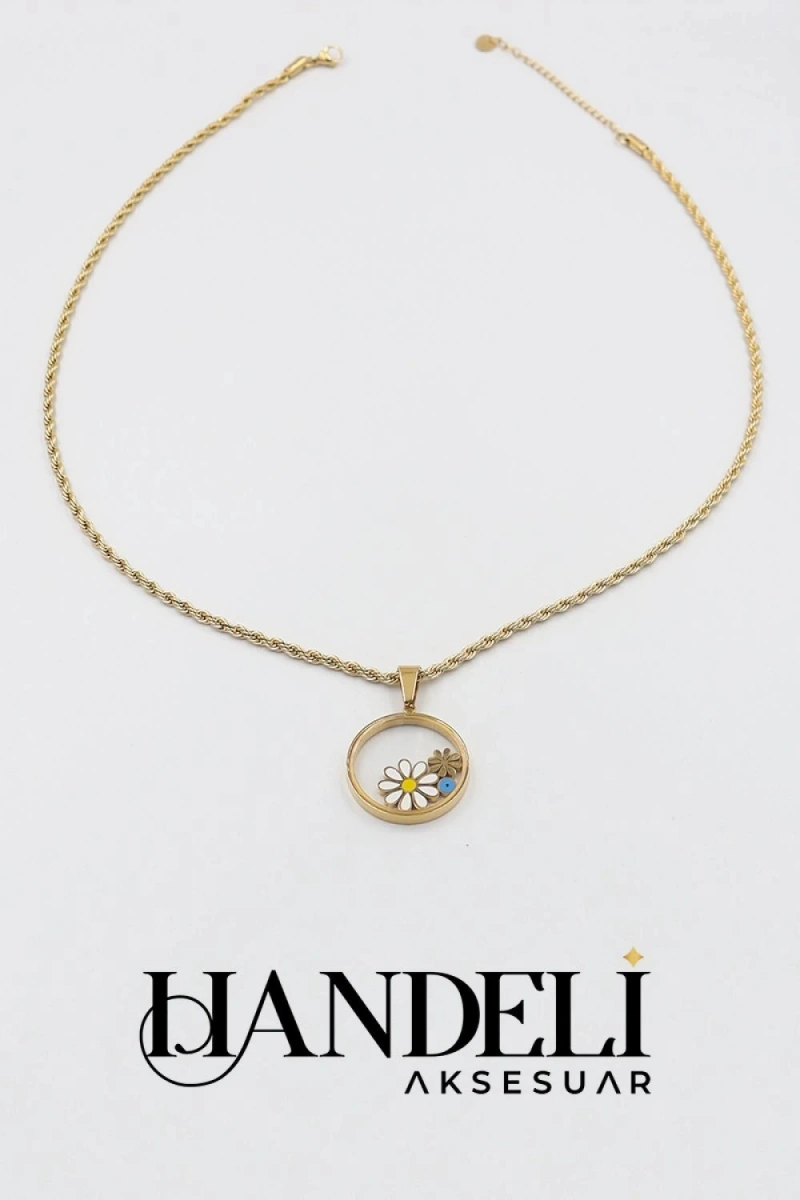 Burgu Zincir Cam Çerçeve Papatya Model Gold Altın Kaplama Çelik Kolye