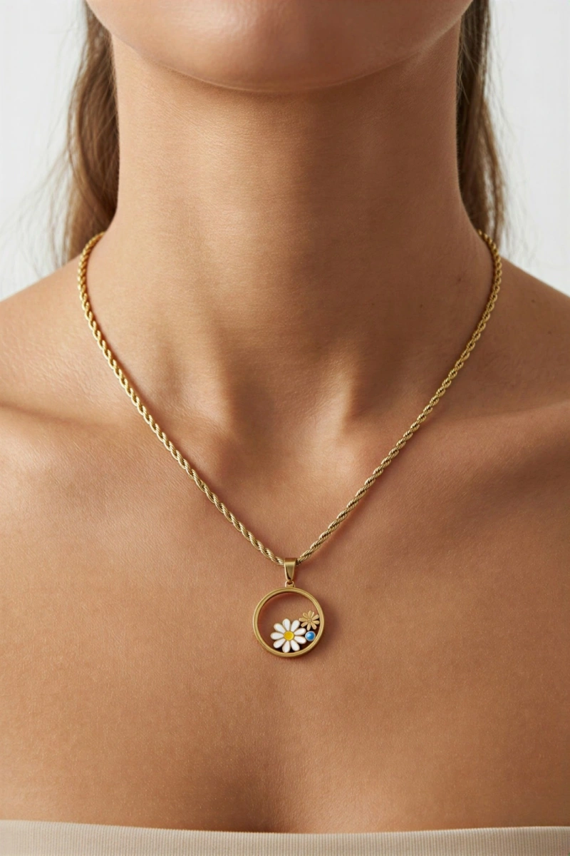 Burgu Zincir Cam Çerçeve Papatya Model Gold Altın Kaplama Çelik Kolye