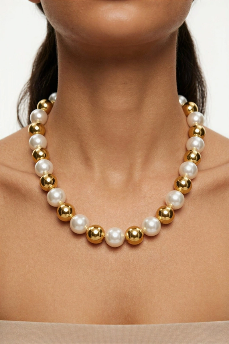 Beyaz Altın Sıra Top İnci Model Altın Kaplama Kolye