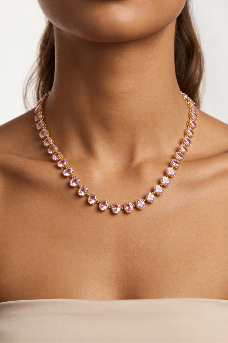 Oval Pembe Taş Detay Gold Altın Kaplama Kolye