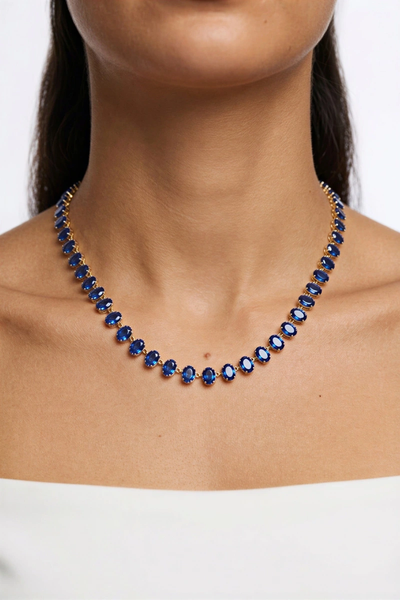 Oval Mavi Taş Detay Gold Altın Kaplama Kolye