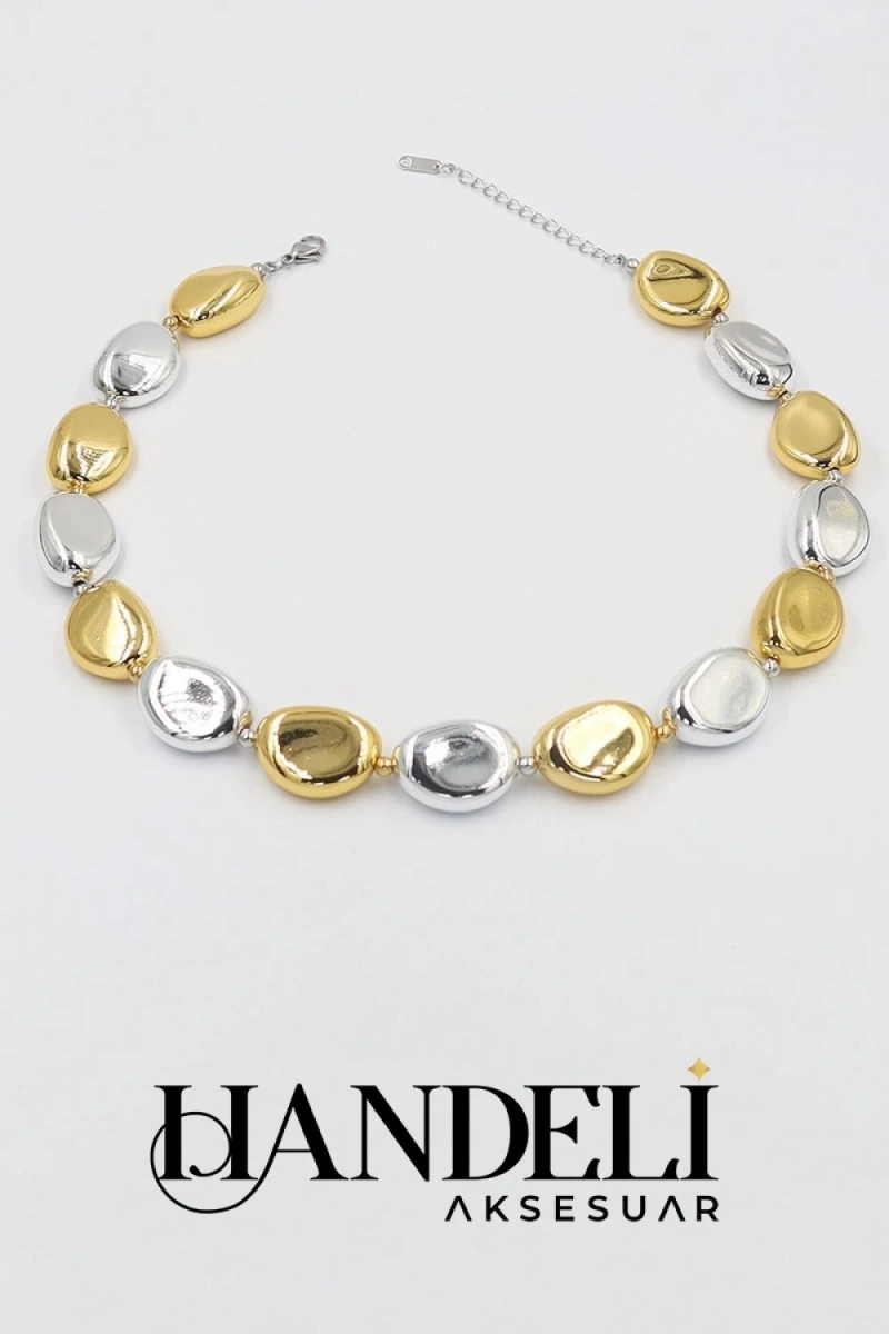 Büyük Çakıl Taşı Model Üç Renk Kaplama Kolye