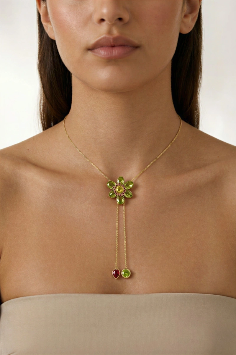 Flower Model Yeşil Taş Detay Gold Altın Kaplama Kolye