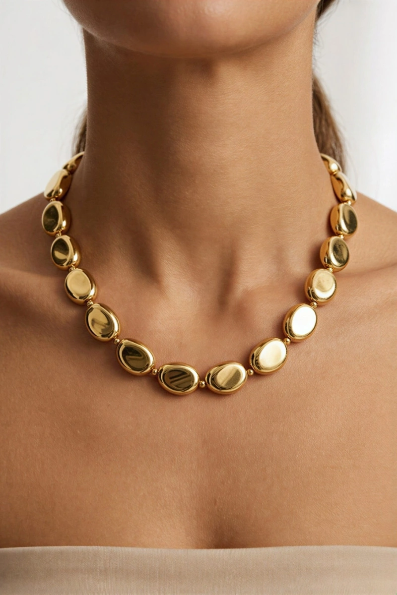 Büyük Çakıl Taşı Model Gold Kaplama Kolye