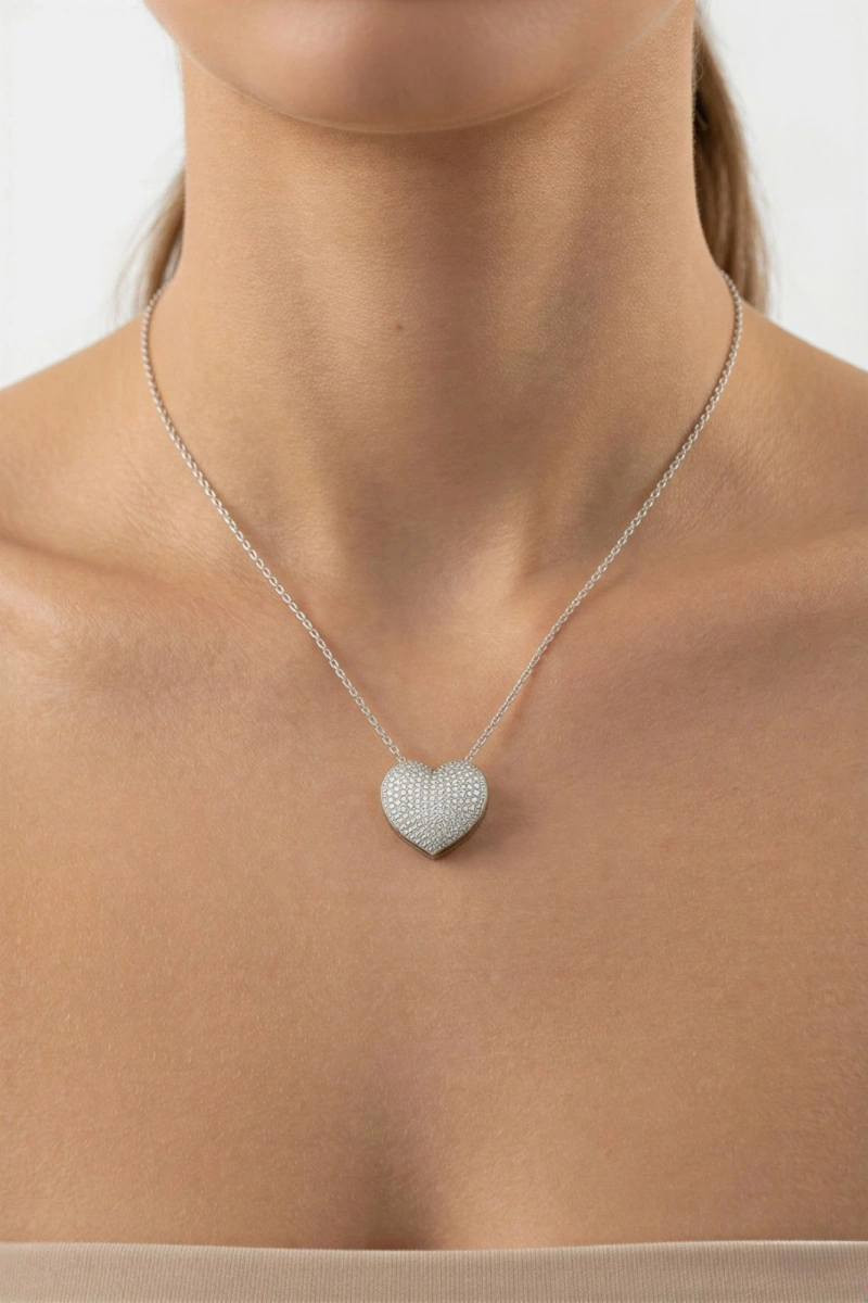İnce Zincir Büyük Kalp Beyaz Altın Kaplama Çelik Kolye