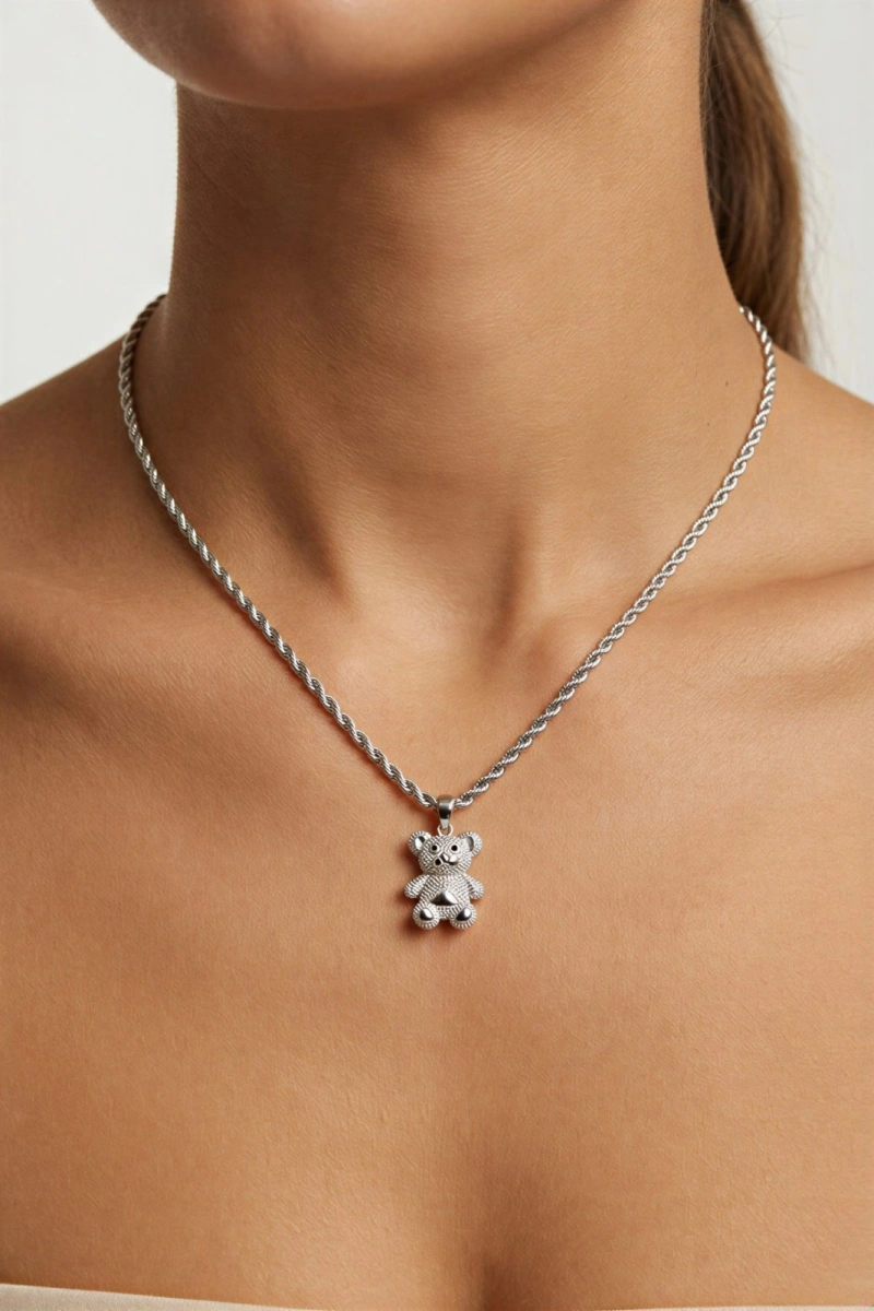 Ayıcık Model Beyaz Altın Kaplama Çelik Kolye