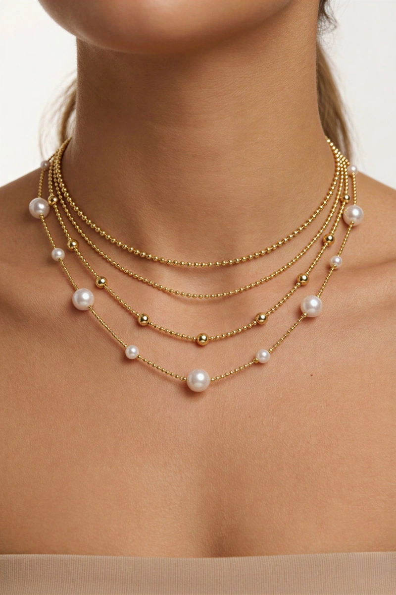 Dört Sıra İnci Model Gold Altın Kaplama Kolye