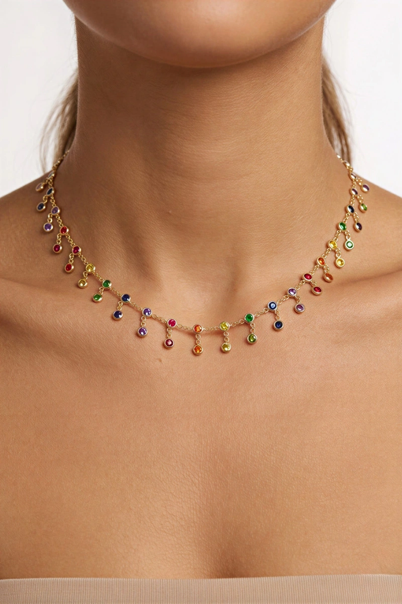 Renkli Oval Sarkıt Taş Gold Altın Kaplama Kolye