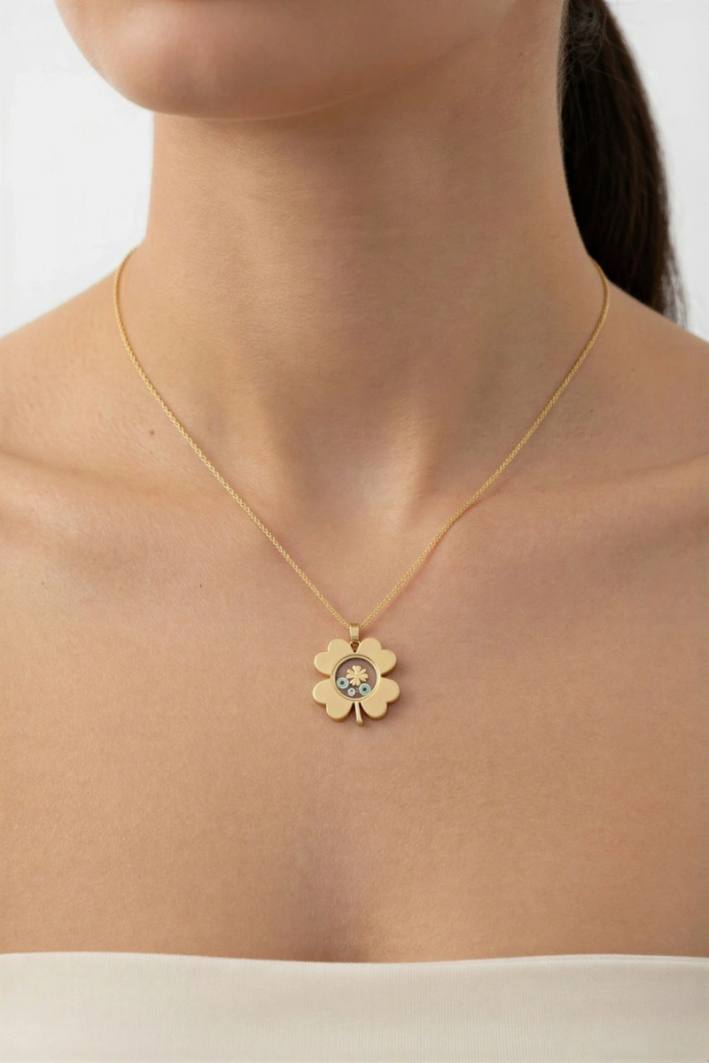 Yonca Model Cam Detay Gold Altın Kaplama Çelik Kolye