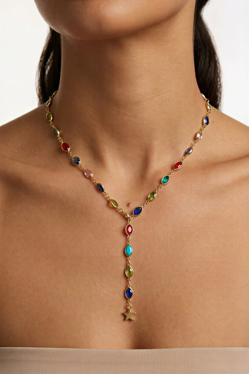 Y Model Renkli Zincir Sarkıt Yıldız Gold Altın Kaplama Kolye
