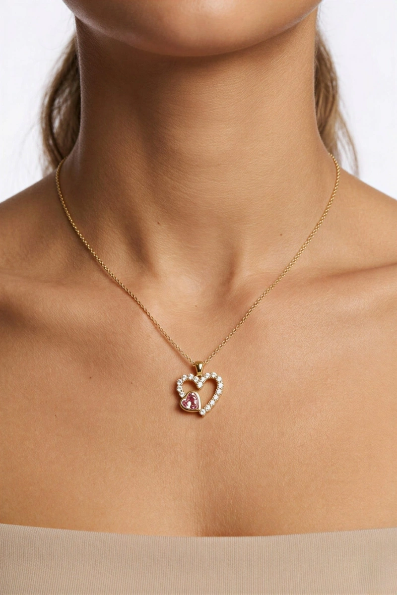 Kalp İçi Pembe Kalp Model Taş Detay Gold Altın Kaplama Kolye