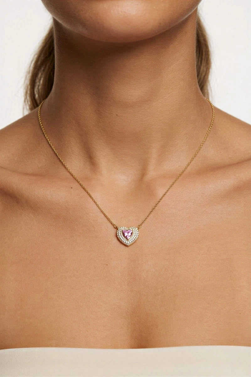 Pembe Kalp Model Taş Detay Gold Altın Kaplama Kolye
