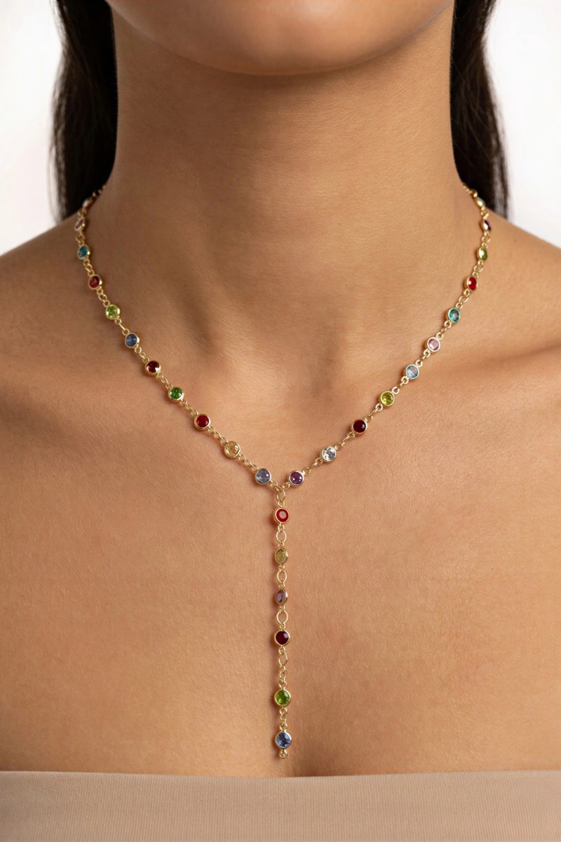 Y Model Renkli Taş Detay Gold Altın Kaplama Kolye