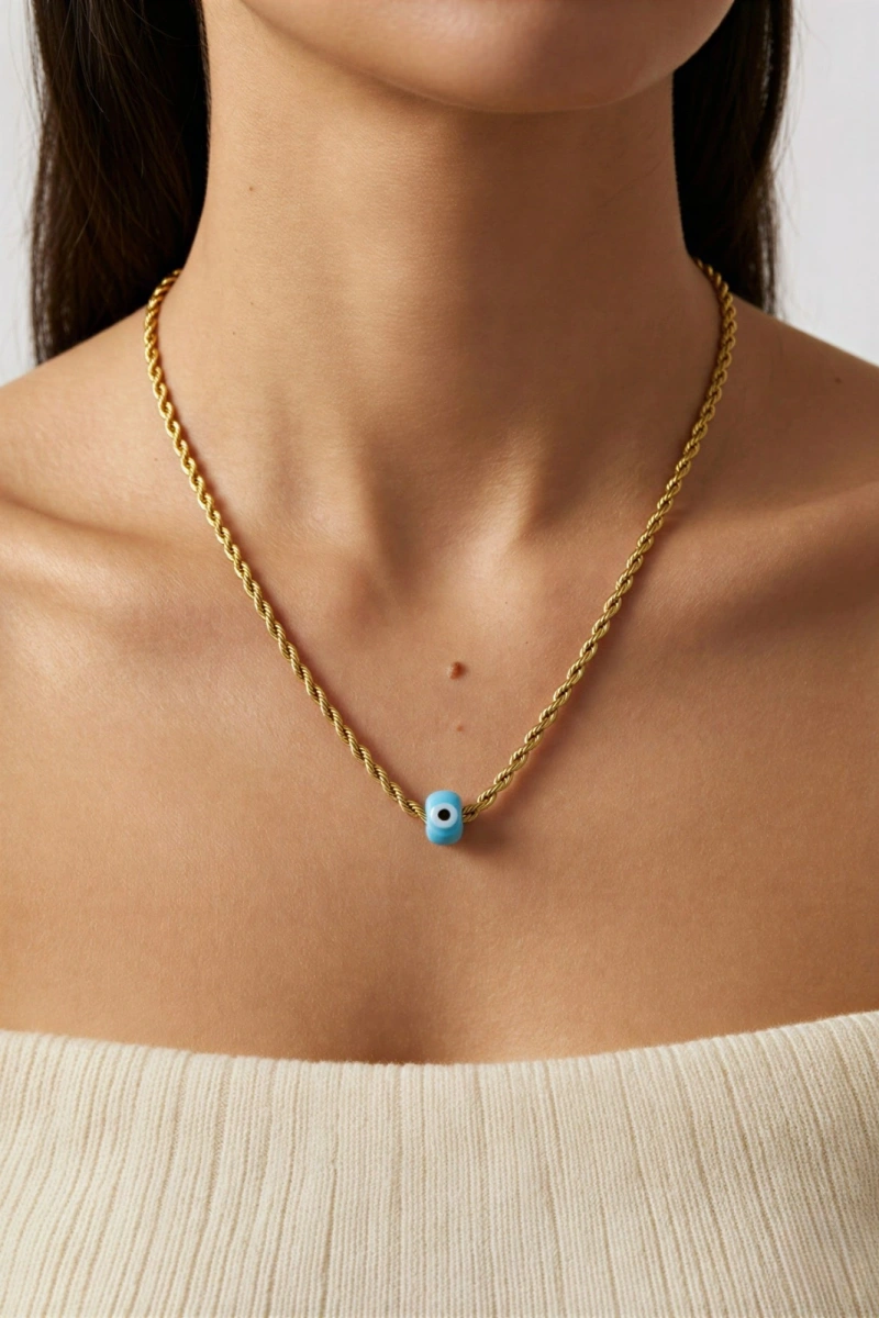 Uzun Boncuklu Burgu Gold Altın Kaplama Çelik Kolye