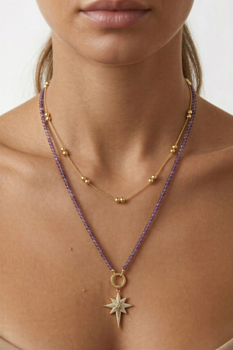 Doğal Taş Çift Zincir Kuzey Yıldızı Model Gold Altın Kaplama Kolye