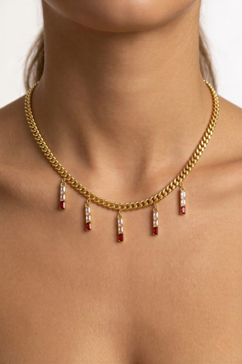 Kırmızı Dikili Taş Model Gold Altın Kaplama Kolye