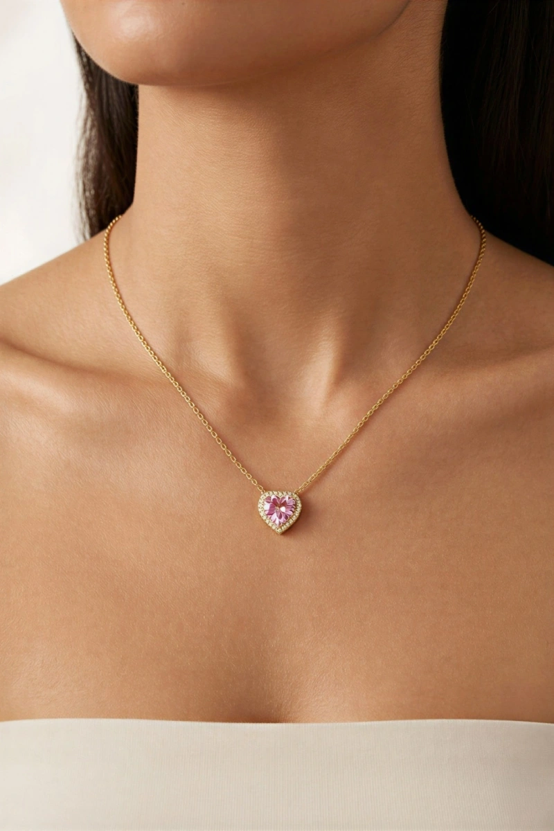 Pembe Kalp Model İnci Detay Gold Altın Kaplama Çelik Kolye