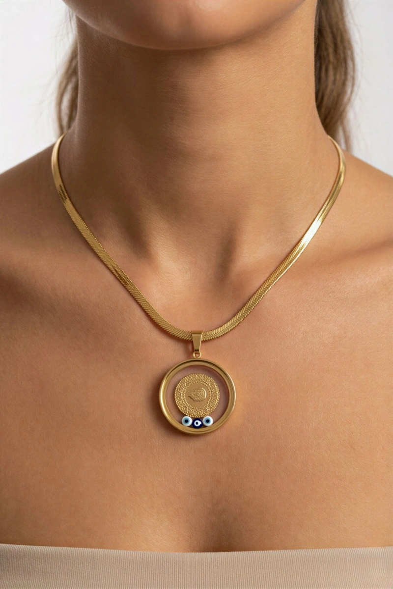 Cam Çerçeve İtalyan Zincir Osmanlı Gold Altın Kaplama Çelik Kolye