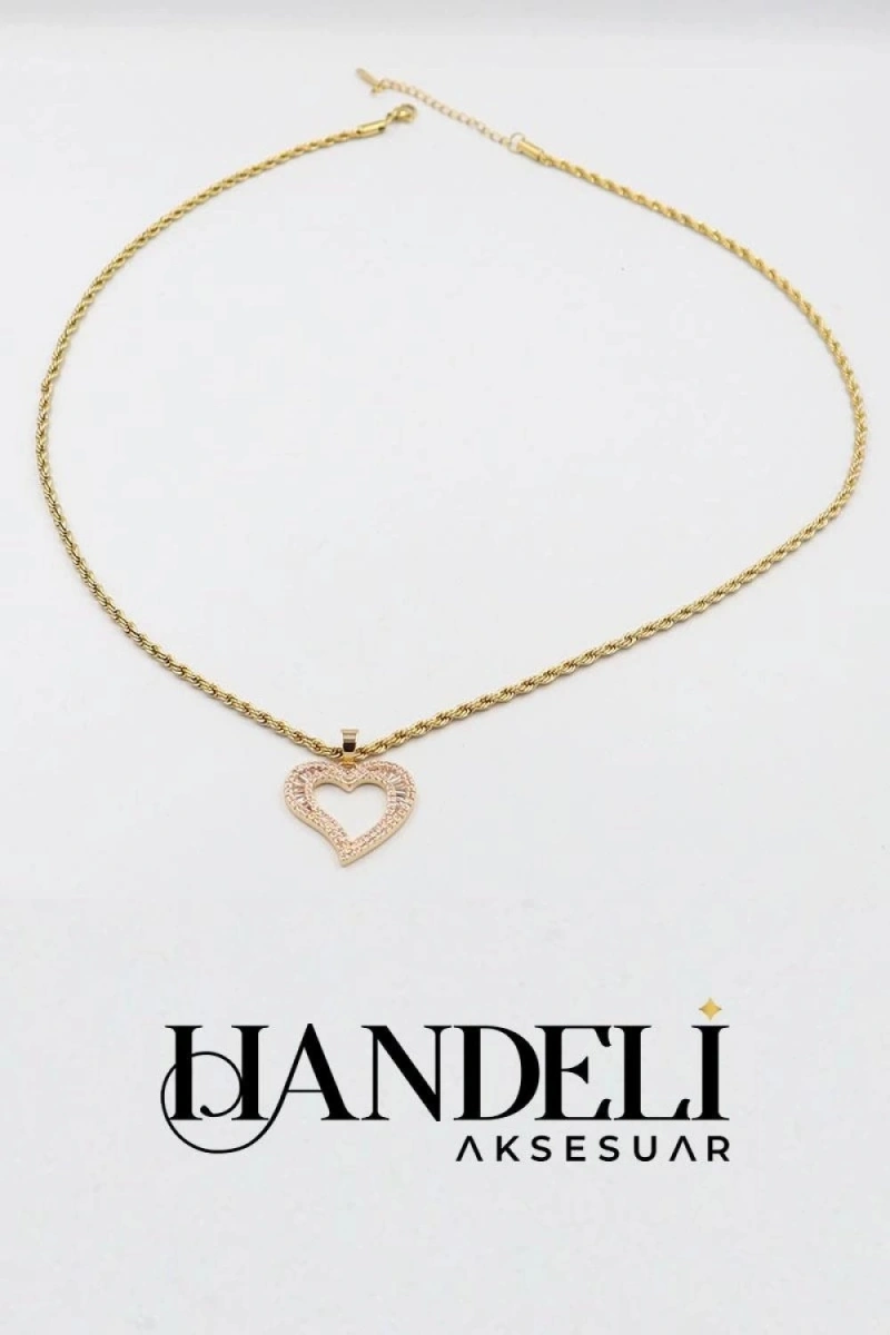 Taşlı Kalp Model Uzun Burgu Zincir Gold Altın Kaplama Çelik Kolye