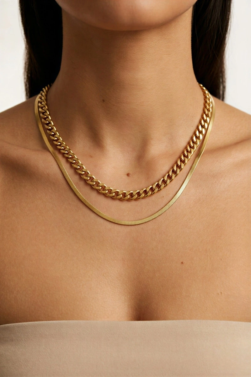 Çift Zincir İtalyan Gold Altın Kaplama Çelik Kolye