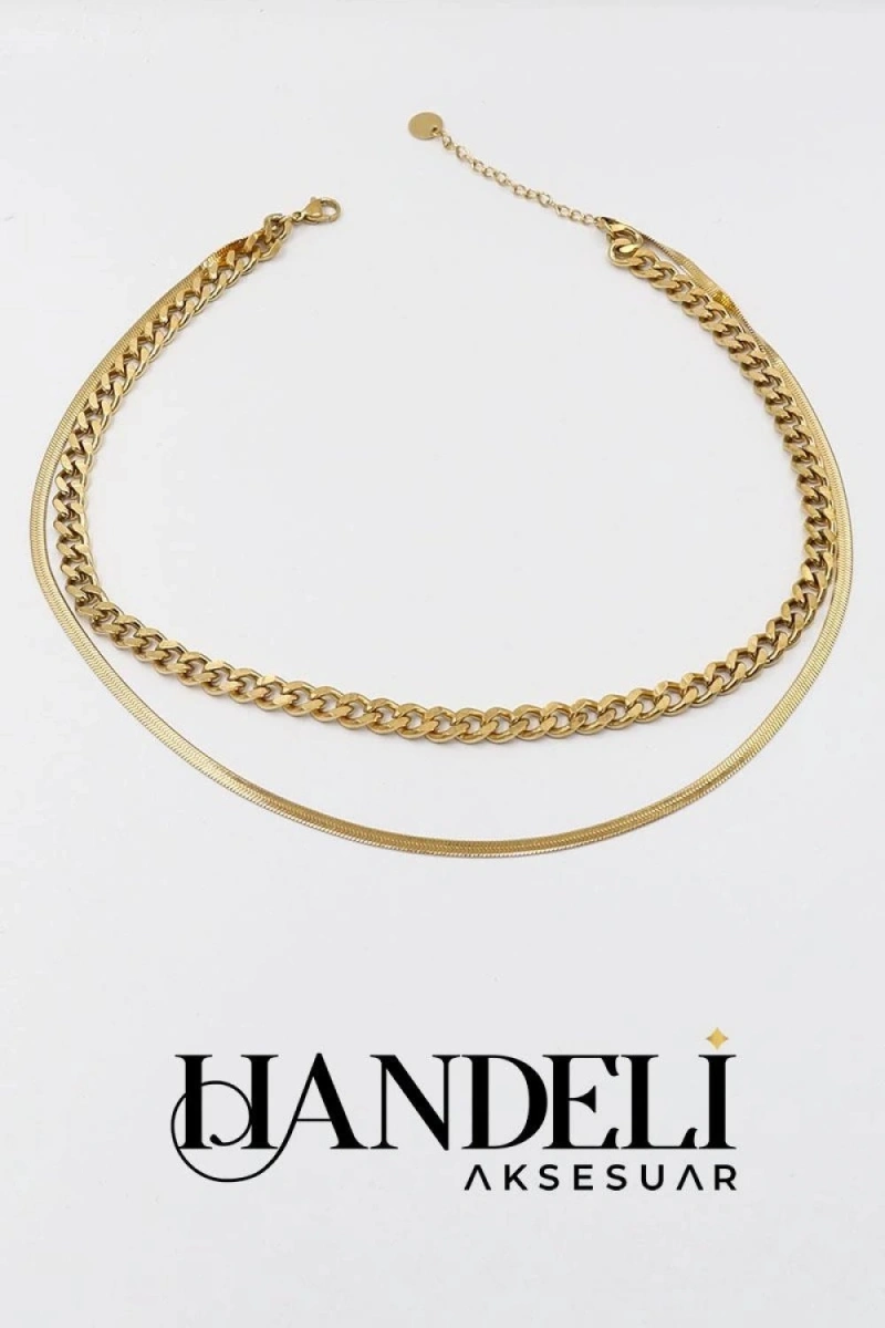 Çift Zincir İtalyan Gold Altın Kaplama Çelik Kolye
